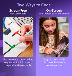Coding two ways with Ari: screen-free Color Codes and on-screen with Editor and Python with 18-Bot Classroom Kit