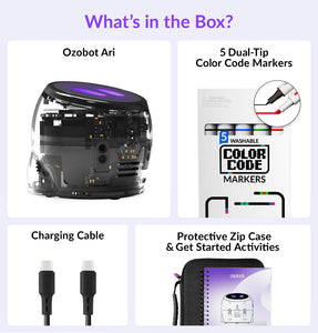 Contents of the Ozobot 18-Bot Classroom Kit featuring Ari, accessories and charging tools