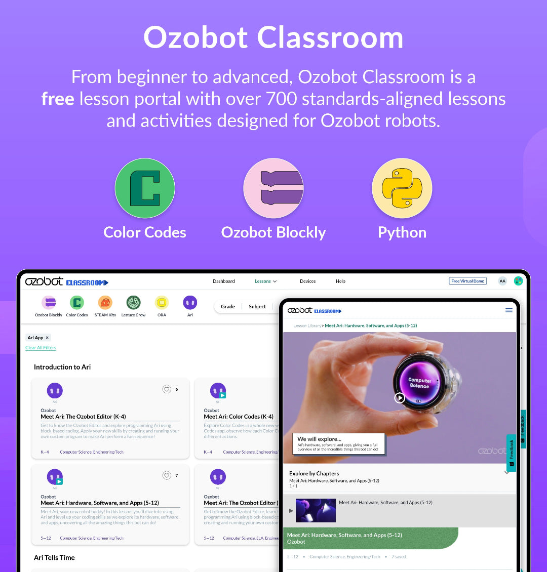 Interface of Ozobot Classroom platform with free lessons for Ari 18-Bot Classroom Kit