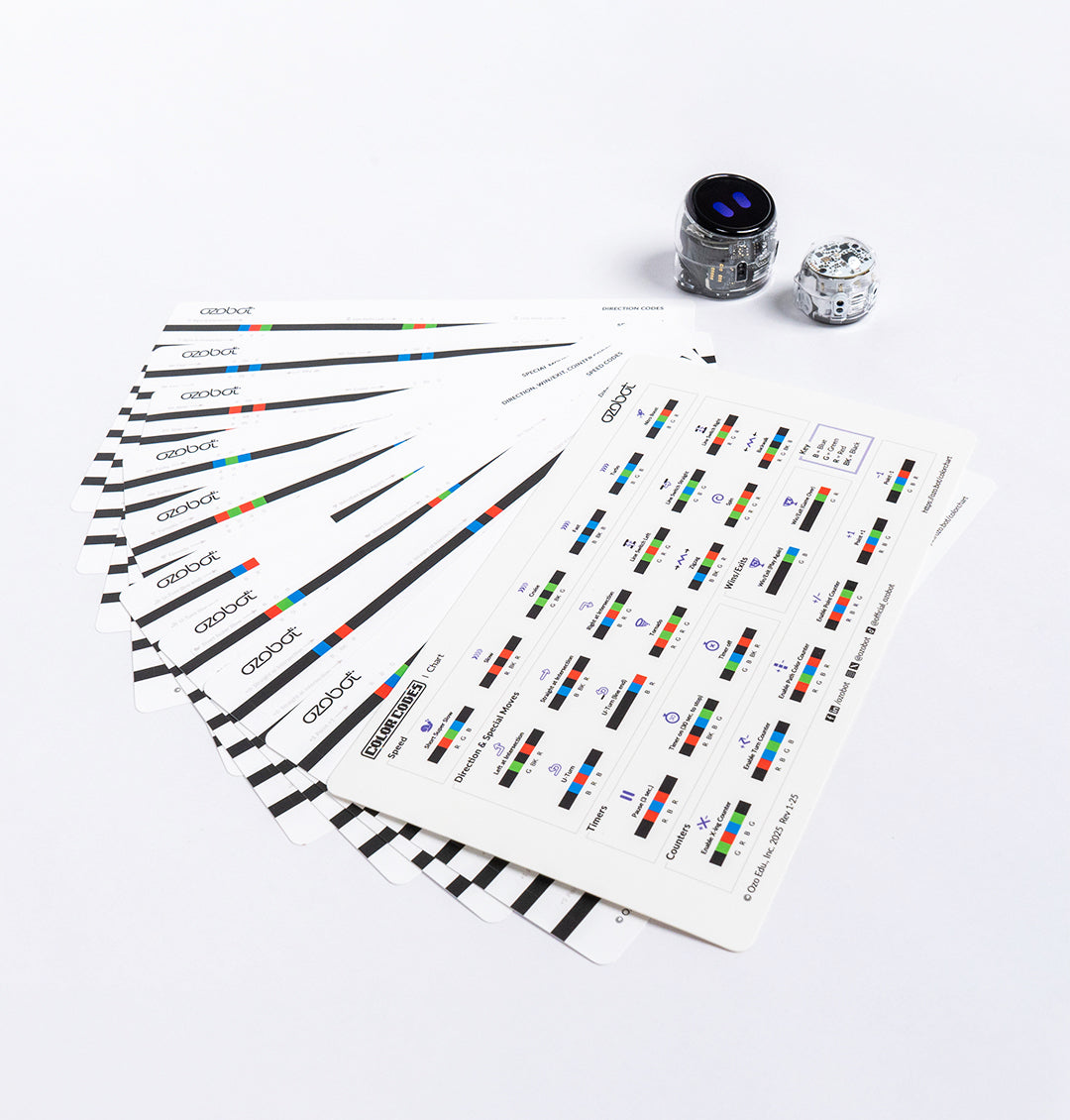 Sheets of Ozobot Color Code Stickers spread out, with Ari STEM robots ready for coding play