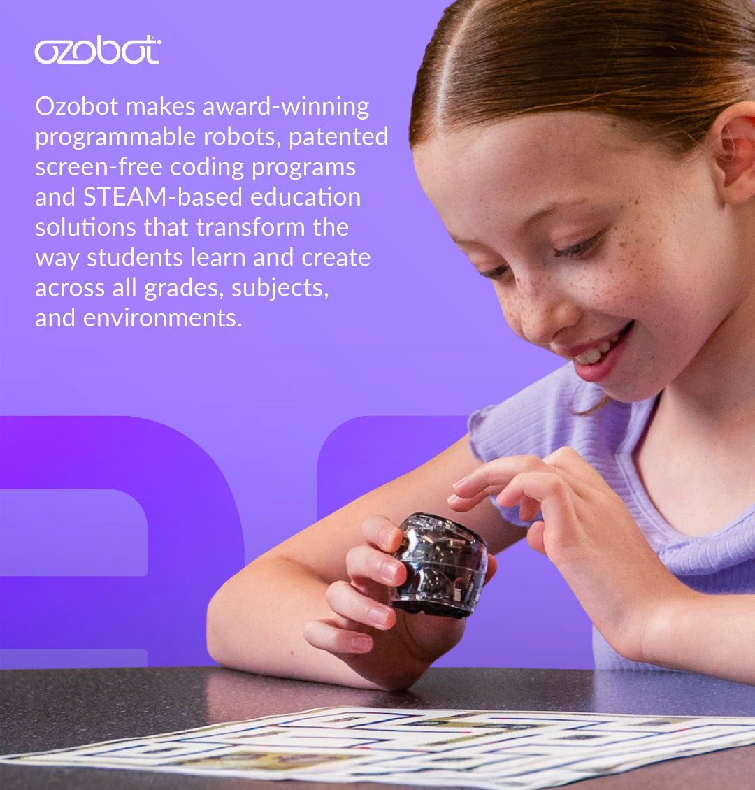 Student learning coding skills with Ari coding robot from the 18-bot Classroom Kit