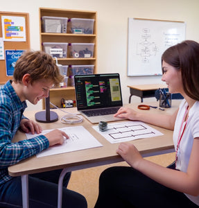 Students using the Ozobot Ari Entry Kit in a collaborative elementary STEM classroom environment