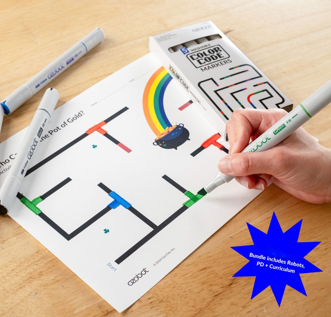 Color Code Curriculum Bundle with Professional Development for grades K-5, includes 12-pack of screen-free lessons, teacher guide, Evo Classroom Kit with 12 robots, and Self-Service PD