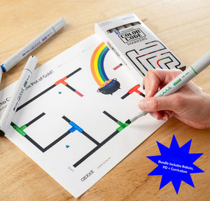 Color Code Curriculum Bundle with Professional Development for grades K-5, includes 12-pack of screen-free lessons, teacher guide, Evo Classroom Kit with 12 robots, and Self-Service PD